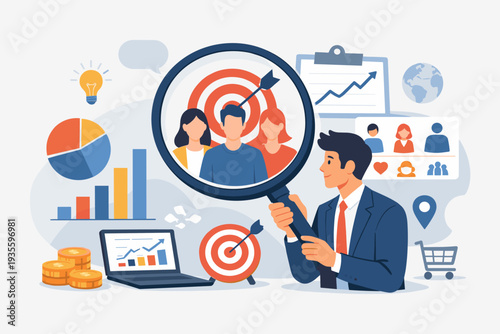 Business professional analyzing target audience and market research data to increase sales. Vector illustration of customer segmentation, marketing strategy, financial growth, and data analysis.