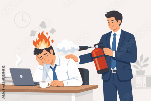 Manager Helping Stressed Employee with Burnout Using Fire Extinguisher to Cool Down Head, Supportive Boss Assisting Overworked Worker Suffering from Mental Fatigue and Stress in Office
