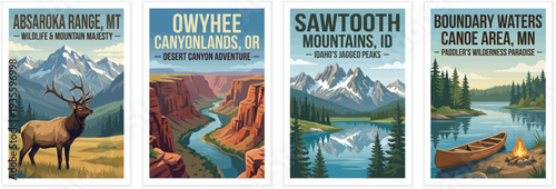 Vintage usa travel poster set. Including absaroka range montana, owyhee canyonlands, sawtooth mountains, and boundary waters mn. Retro vector illustration.
