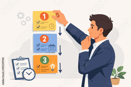 Professional Businessman Arranging Numbered Tasks on a Wall for Effective Time Management, Work Prioritization, and Productivity Planning, Task Management Concept Vector Illustration Design.