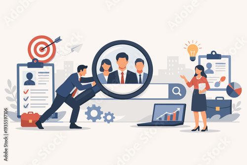 Recruitment and Hiring Concept with Business People Searching for New Candidates and Talent Discovery through Magnifying Glass for Human Resources, Job Search, and Career Growth Illustration