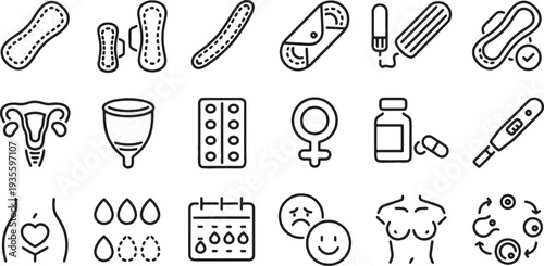 line icons of female menstruation and hygiene products