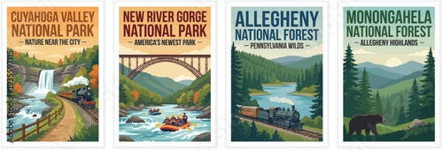 Vintage usa travel poster set. Including cuyahoga valley, new river gorge, allegheny forest, and monongahela forest. Retro vector illustration.