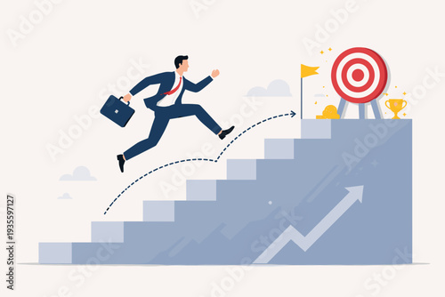 Businessman jumping over stairs to reach a target goal and trophy. Concept of career advancement, shortcut to success, skipping steps to achieve business objectives, growth, and ambition.