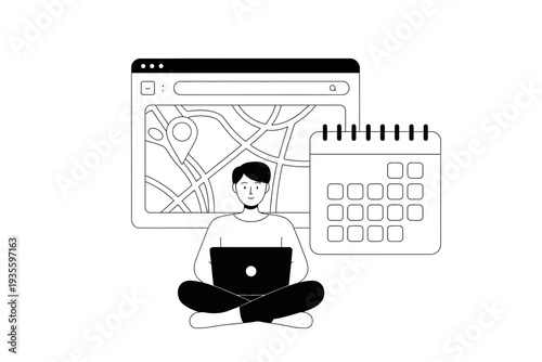 A man sitting with laptop and searching on map and calendar illustration