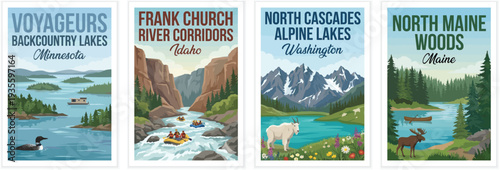 Vintage usa travel poster set. Including voyageurs lakes minnesota, frank church river idaho, north cascades washington, and north maine woods. Retro vector.