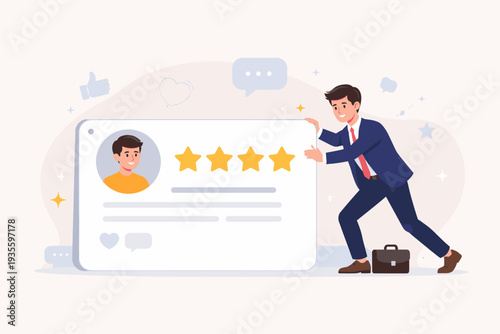 Businessman in a suit pushing a giant testimonial card with a profile photo and four golden stars. Concept of positive customer feedback, online reviews, social proof, and reputation management.