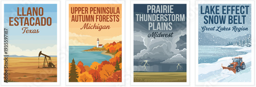 Vintage usa travel poster set. Including llano estacado, upper peninsula autumn forests, prairie thunderstorm, and lake snow belt. Retro vector illustration.