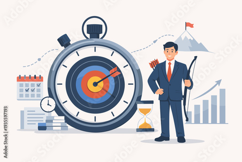 Businessman with bow and arrow next to a large stopwatch with a bullseye target, symbolizing time management, productivity, efficiency, and reaching business goals within project deadlines.