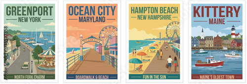 Vintage travel posters collection featuring greenport new york, ocean city maryland, hampton beach new hampshire, and kittery maine, with coastal landscapes.