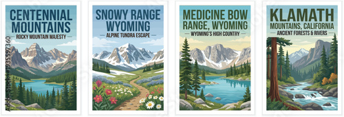 Tiêu đề (Title):
Vintage usa travel poster set. Including death valley panamint range, centennial mountains, monitor valley, and amargosa valley. Retro vector illustration.