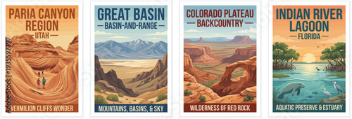 Vintage usa travel poster set. Including paria canyon utah, great basin, colorado plateau, and indian river lagoon florida. Retro vector illustration.