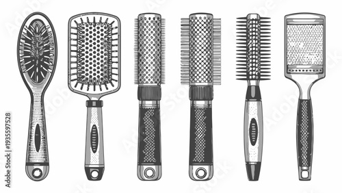 Six different hair brushes and combs for styling and grooming on white background