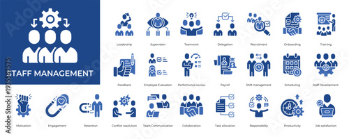 Staff Management Icon set Collection in Glyph Two Color Style. leadership, supervision, teamwork, delegation, recruitment