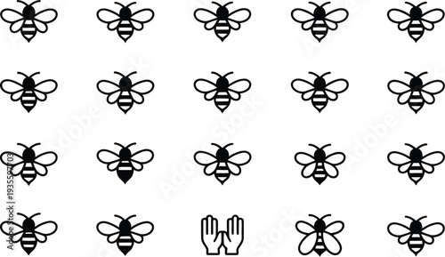 Bee icon set with various black silhouettes and one hand illustration