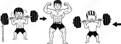 weightlifting, fitness, transformation, muscle, workout, strength, training, bodybuilder, exercise, gym, progress, before, after, strong, athlete, cartoon, vector, illustration, cad, drawing