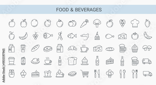 Food and beverage icons on white background.