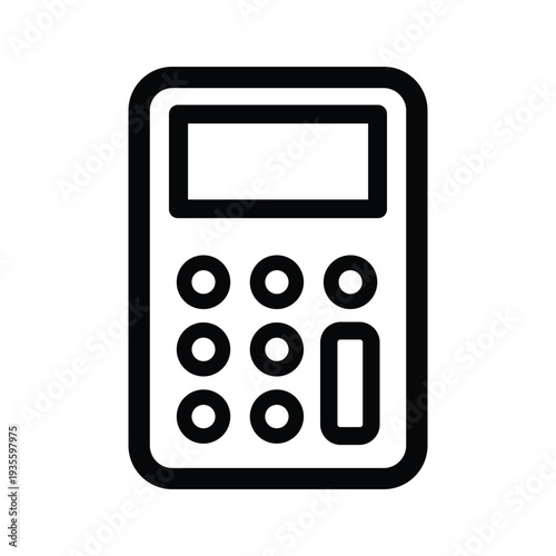 Simple black and white illustration of a basic calculator with buttons and display.
