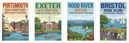Vintage USA travel poster set. Including portsmouth, exeter new hampshire, hood river oregon, and bristol. Retro waterfront vector illustration.