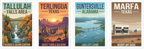 Vintage travel posters of Tallulah Falls, Terlingua, Guntersville, and Marfa. Retro vector art featuring canyons, ghost towns, lakes, and desert landscapes.