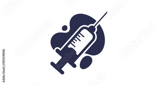 A dark blue icon of a medical syringe with liquid inside, set against a splattered dark blue background.