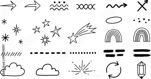 Collection of various black and white line art symbols and icons for design