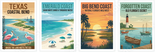 Vintage usa travel poster set. Including texas coastal bend, emerald coast, big bend coast, and forgotten coast florida. Retro vector illustration.