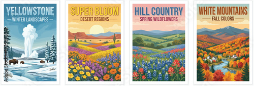 Vintage usa travel poster set. Including yellowstone winter, super bloom desert, hill country spring, and white mountains fall. Retro vector illustration.