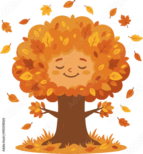 Whimsical Autumn Tree Character with Orange Leaves Falling Around it