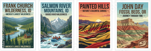 Vintage usa travel poster set. Including frank church and salmon river idaho, and painted hills and john day fossil beds oregon. Retro vector illustration.