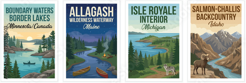 Vintage usa travel poster set. Including boundary waters minnesota, allagash wilderness maine, isle royale michigan, and salmon-challis backcountry idaho.