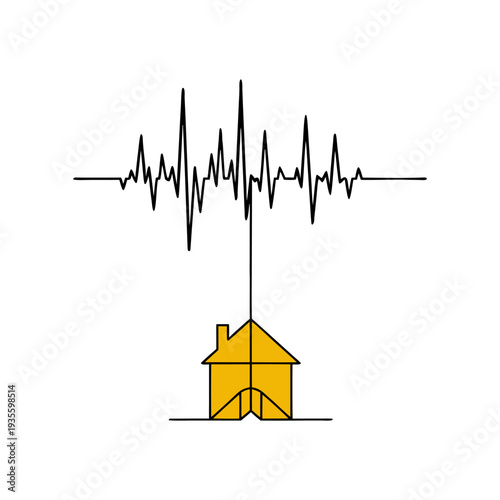 A simple line drawing of a house hanging from a seismograph line indicating earthquake activity in a graphic illustration style