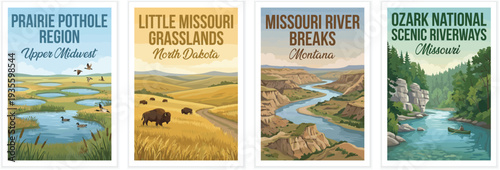 Vintage usa travel poster set. Including prairie pothole region, missouri grasslands, river breaks, and ozark riverways. Retro vector illustration.