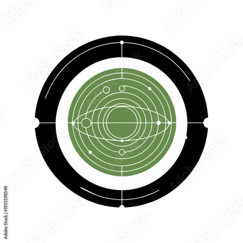 A green target graphic with concentric white circles and crosshairs is centered within a black ring on a graphic illustration