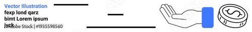 Finance, savings, charity, payment transaction, business services, economic trade. Outlined hand holding a dollar coin. Finance and savings concept emphasizing money transactions