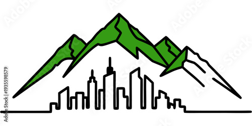 Illustration of cityscape with mountains in the background from a distant viewpoint, file reference ep6.eps