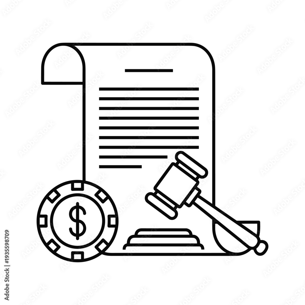 Fototapeta premium Legal document with poker chips and gavel symbolizing gambling law or regulations