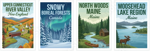 Vintage usa travel poster set. Including upper connecticut river valley, snowy boreal forests, north woods maine, and moosehead lake. Retro vector illustration.
