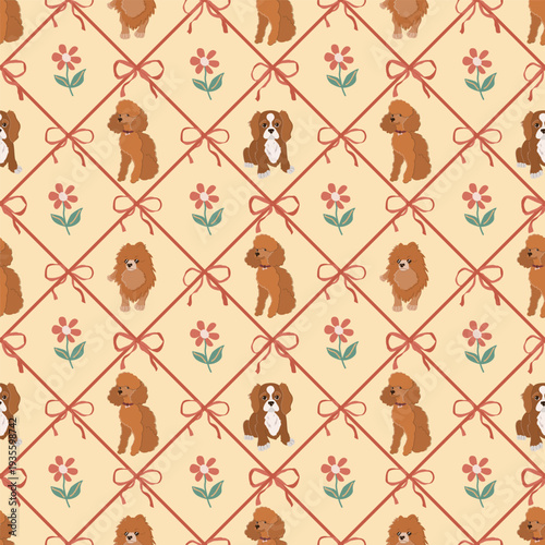 A charming flat vector set of three dog breeds Spitz, Poodle, and Cavalier King Charles Spaniel placed in a diamond grid made of ribbons with decorative bows at the corners. Warm yellow background.