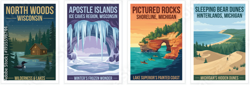 Vintage usa travel poster set. Including north woods wisconsin, apostle islands ice caves, pictured rocks, and sleeping bear dunes. Retro vector illustration.