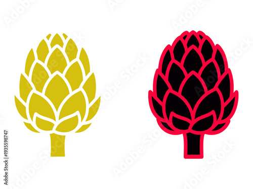 Illustration of artichoke icons, yellow and red, side by side on a plain background, vector graphics, w18.eps style, simple and clean