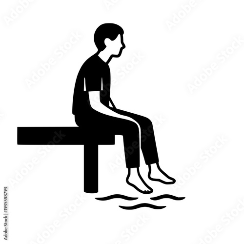 Sad man sitting black white icon 