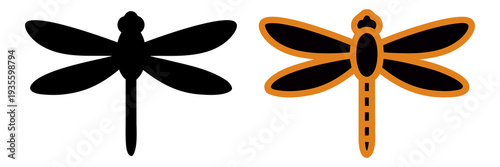 Vector illustration of dragonfly silhouettes in various designs and orientations on a minimalist background, viewed from directly above, as seen in 'w23.eps'