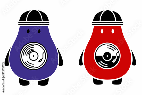 Two cartoon characters holding vinyl records, standing side by side in a simple illustration