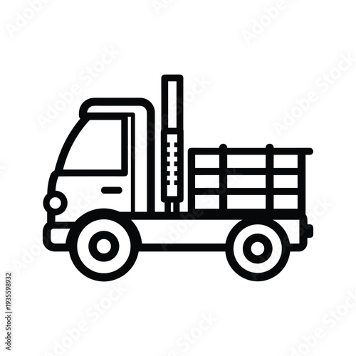 A dump truck with an extended crane arm and an open cargo bed ready for loading materials