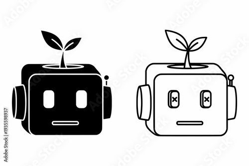 Robot faces with sprouting plants on top, illustrating technology and nature harmony in a simple illustration style, captured from a straightforward viewpoint as seen in w34.eps