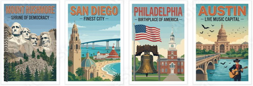 Vintage usa travel poster set. Including mount rushmore, san diego finest city, philadelphia birthplace, and austin live music capital. Retro vector art.