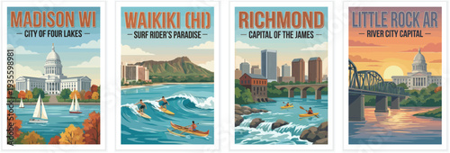 Vintage usa travel poster set. Including madison wisconsin, waikiki hawaii surf paradise, richmond, and little rock arkansas. Retro vector illustration.