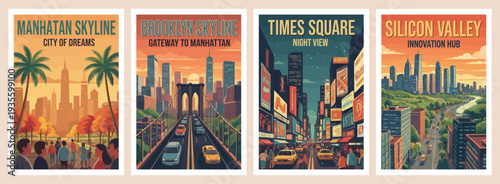 Vintage USA travel poster set. Showcasing manhattan skyline, brooklyn bridge, neon city night, and tech hub landscape. Retro vector illustration.