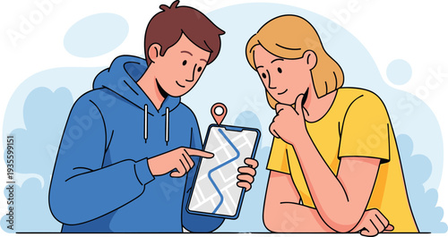 Two people using smartphone navigation, digital map route planning, mobile GPS technology, modern travel decision-making, location pin, journey planning illustration design